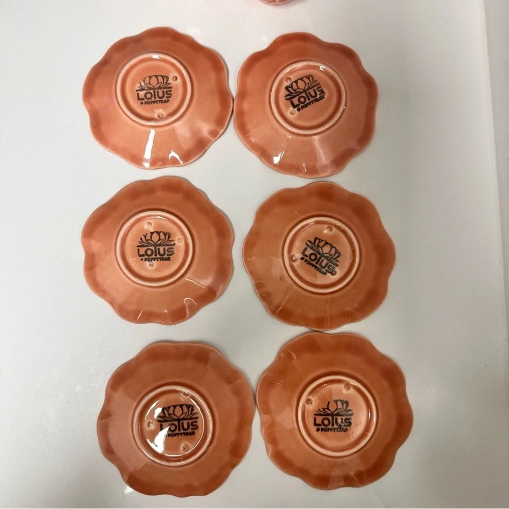 Vtg Peach Apricot Lotus by Metlox PoppyTrail Set Of 6 Espresso Cups W/Saucer EUC